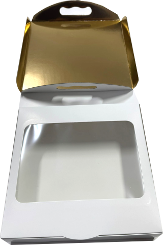 Cutii Prajituri cu display 24x24x5 Albe + Tavi aurii cu maner laminate 22.5x22.5x2 (4) cm