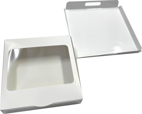 Cutii Prajituri cu display 24x24x5 Albe + Tavi albe cu maner laminate 22.5x22.5x2 (4) cm