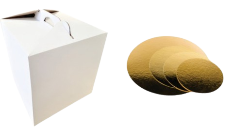 Cutii Tort Evenimente Cu Maner 33x33x35 cm + Discuri D32 Aurii (3 mm)