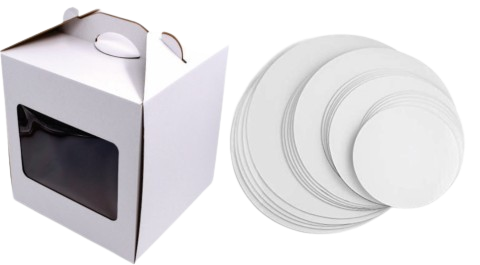 Cutii Tort Evenimente Cu Maner si Display 25x25x30 cm + Discuri D25 Aurii (2 mm)