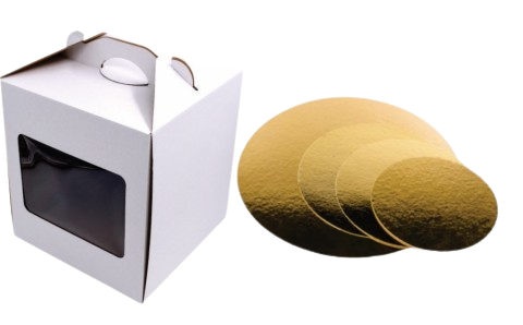 Cutii Tort Evenimente Cu Maner si Display 33x33x35 cm + Discuri D32 Aurii (3 mm)