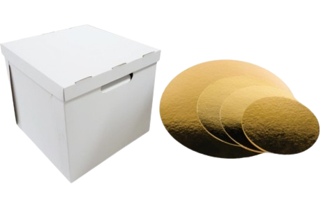 Cutii Tort Evenimente cu capac (CORP+CAPAC) 32x32x35 cm + Discuri D30 Aurii (3 mm)